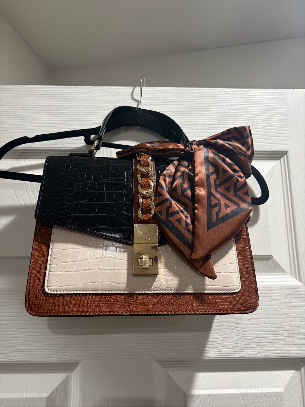 Aldo Tricolor Satchel in Black, Cream & Brown with Scarf Accent